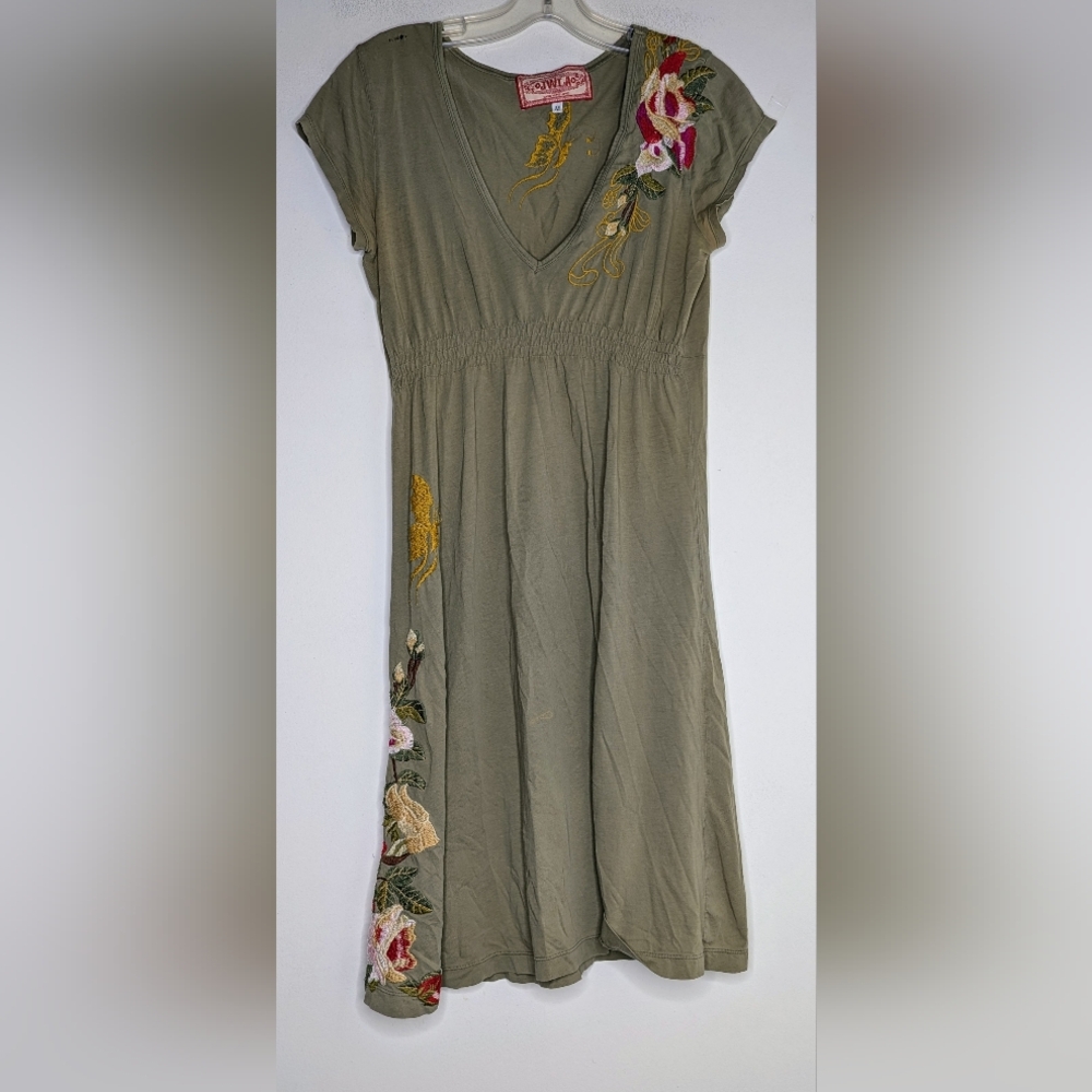 Johnny Was Olive Green Embroidered Floral Dress